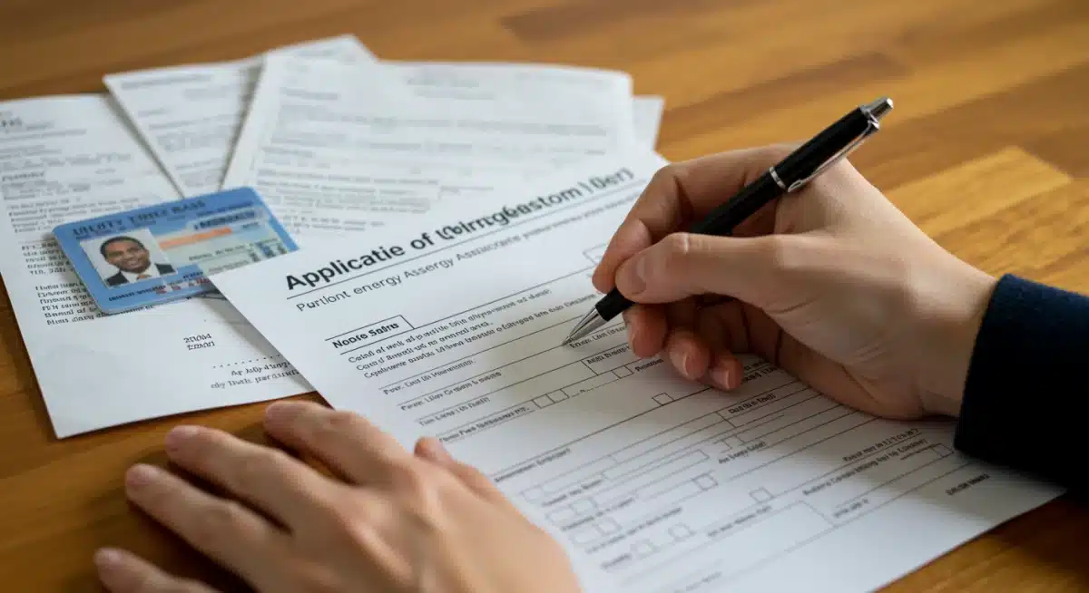 Person filling out energy assistance application form with supporting documents.