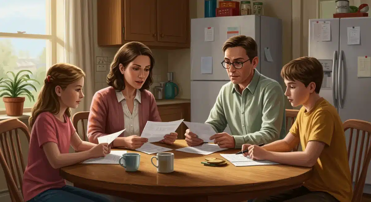 Family reviewing financial documents related to federal aid eligibility
