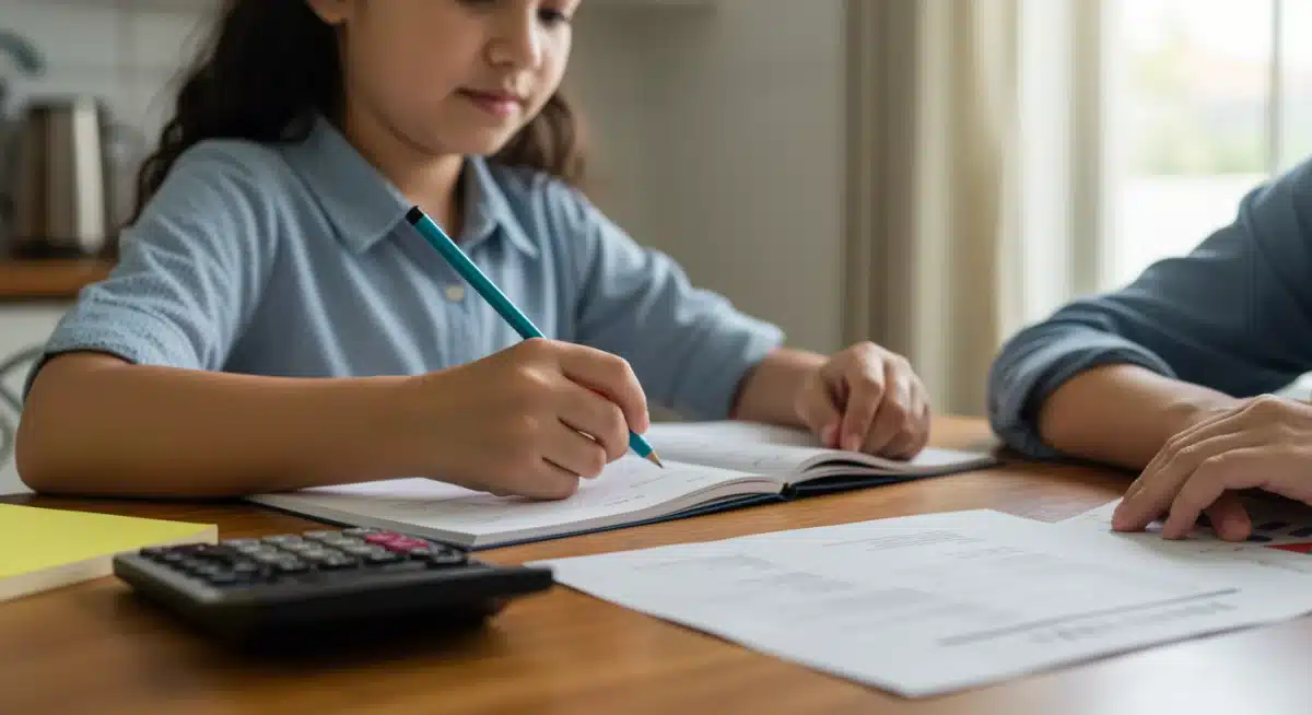 Parent and child doing homework, financial planning in background