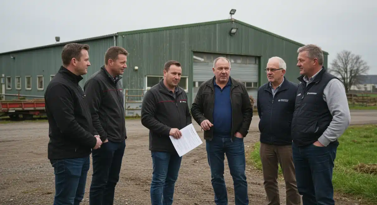 Farmers discussing the 2025 Farm Bill's impact on their operations.