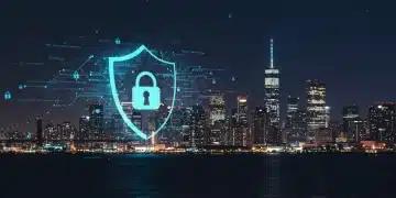 Cybersecurity & Public Safety 2025: Federal Efforts Against Digital Threats Digital shield safeguarding urban landscape, representing federal cybersecurity efforts in 2025