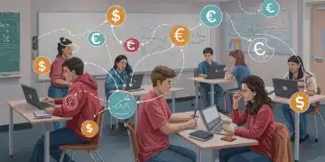 Illustration of federal grants impacting K-12 education in 2025, showing students learning with technology and teachers facilitating.