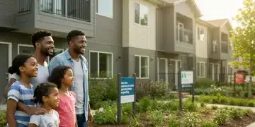 Diverse family smiling in front of a new affordable housing unit