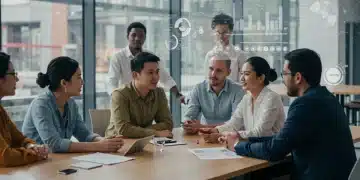 Diverse group discussing federal integration program success with data visualization