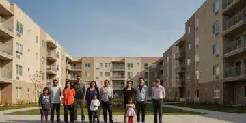 Federal Public Housing 2025: Deadlines & Eligibility Updates Modern federal public housing buildings with diverse residents, symbolizing community and hope for 2025 initiatives.