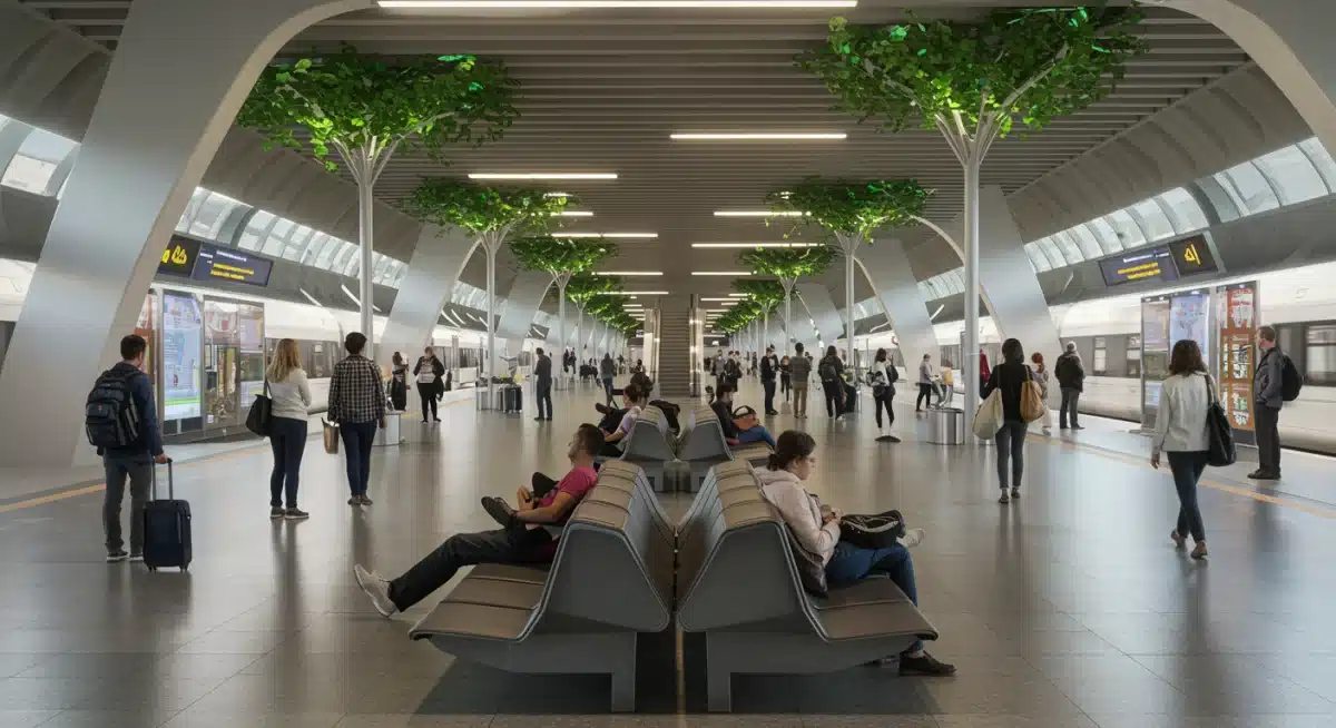 Futuristic train station interior with diverse commuters and digital displays, highlighting efficiency.
