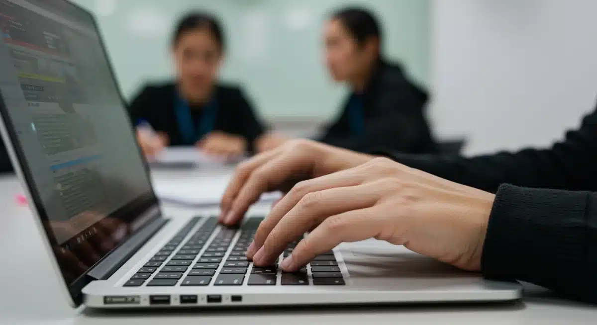 Hands typing on a laptop during a digital literacy training session.