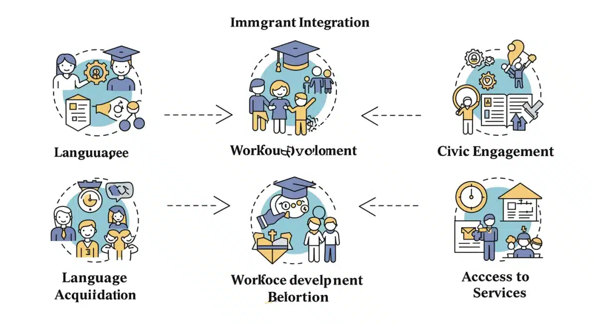 Infographic showing key pillars of immigrant integration services