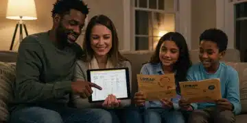 Family comfortably seated in a warm living room, discussing energy bills and LIHEAP benefits.