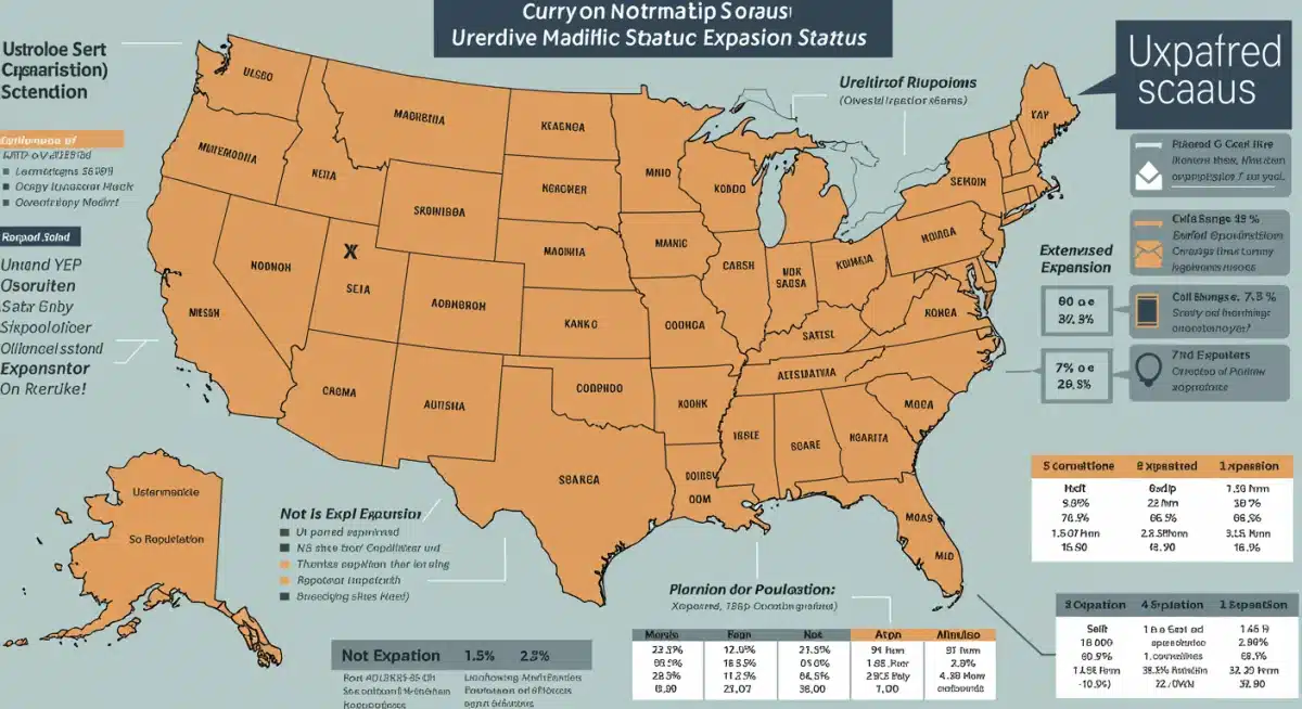 Map of US states indicating Medicaid expansion status and beneficiary numbers.