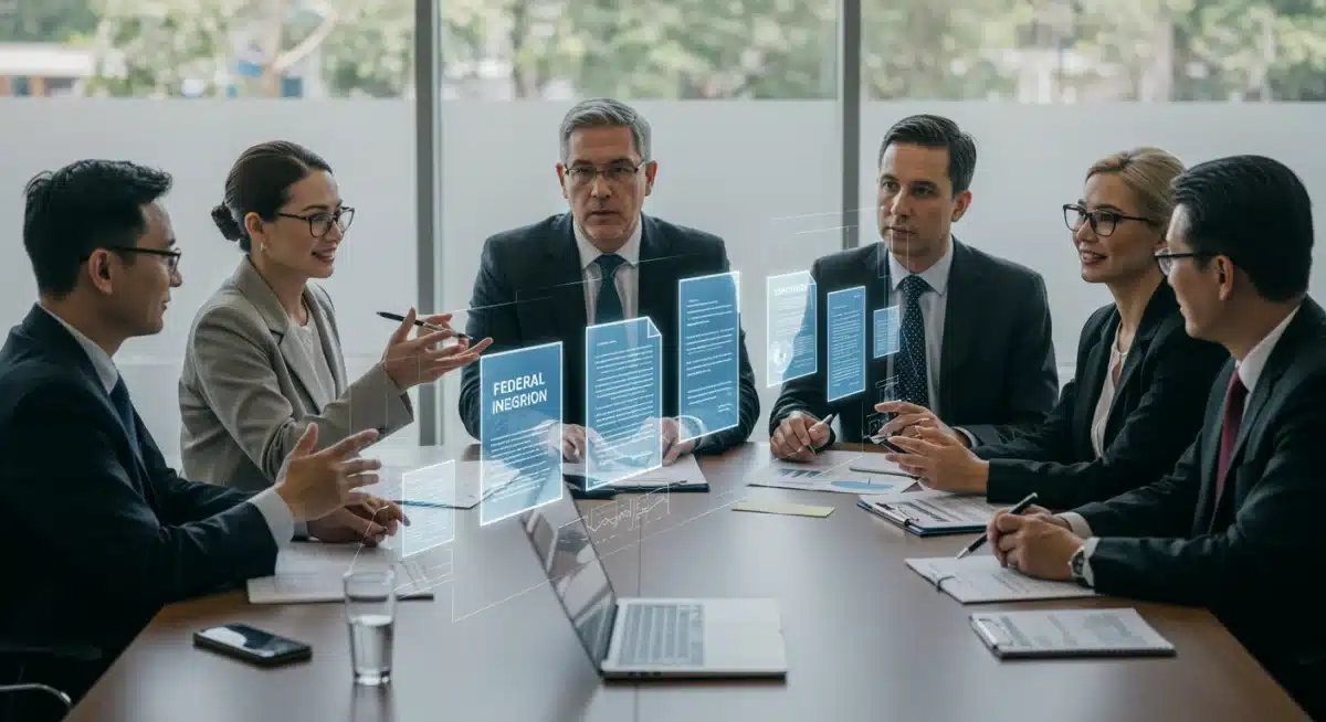 Policymakers discussing federal integration strategies around a holographic display in a modern conference room.