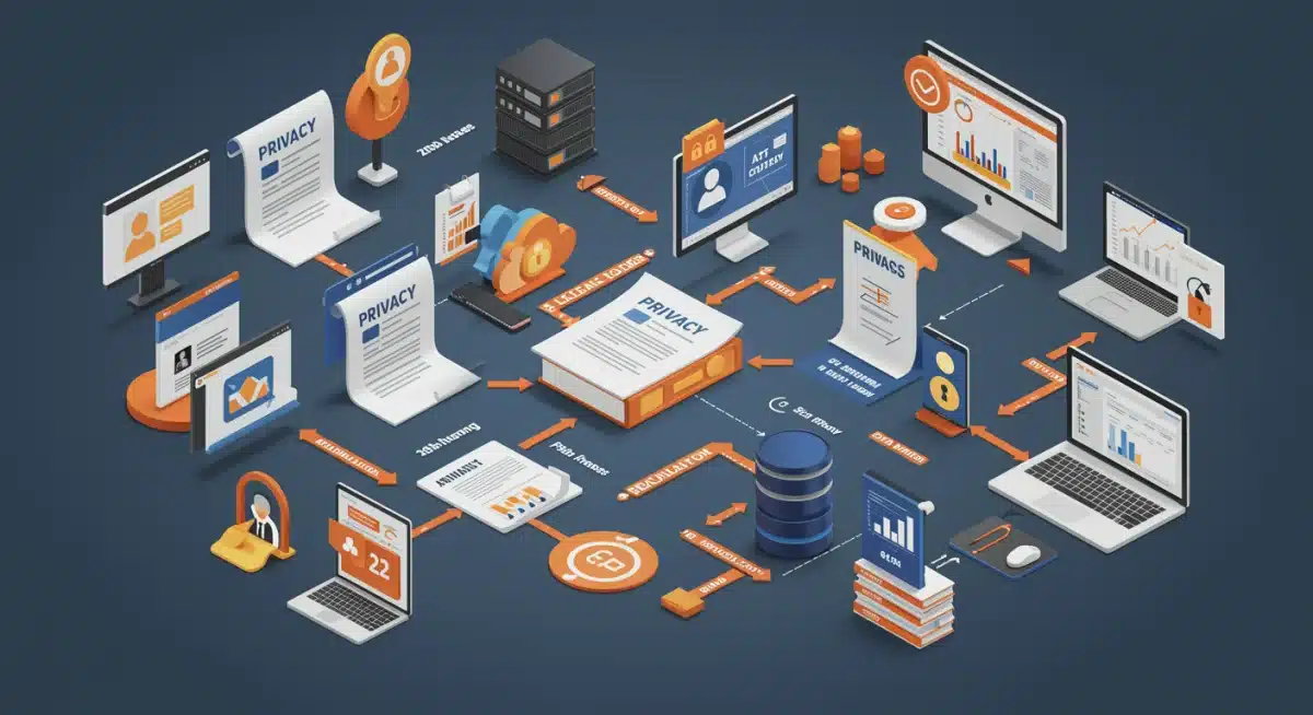 Interconnected legal documents and digital devices illustrating new privacy regulations.