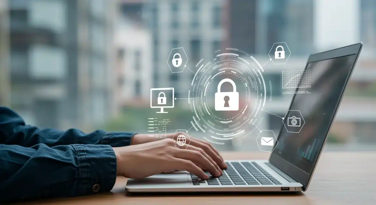 Individual using privacy software on a laptop, demonstrating secure digital practices against surveillance.