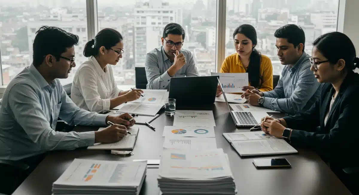 Professionals analyzing program performance data in a conference room