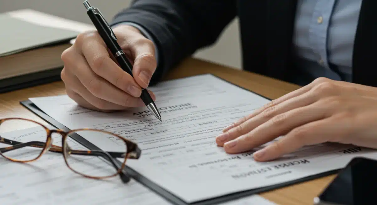 Hands meticulously filling out a federal public housing application form, emphasizing the detailed process.