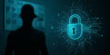 Digital lock with glowing code, representing secure digital identity against 2025 cyber threats