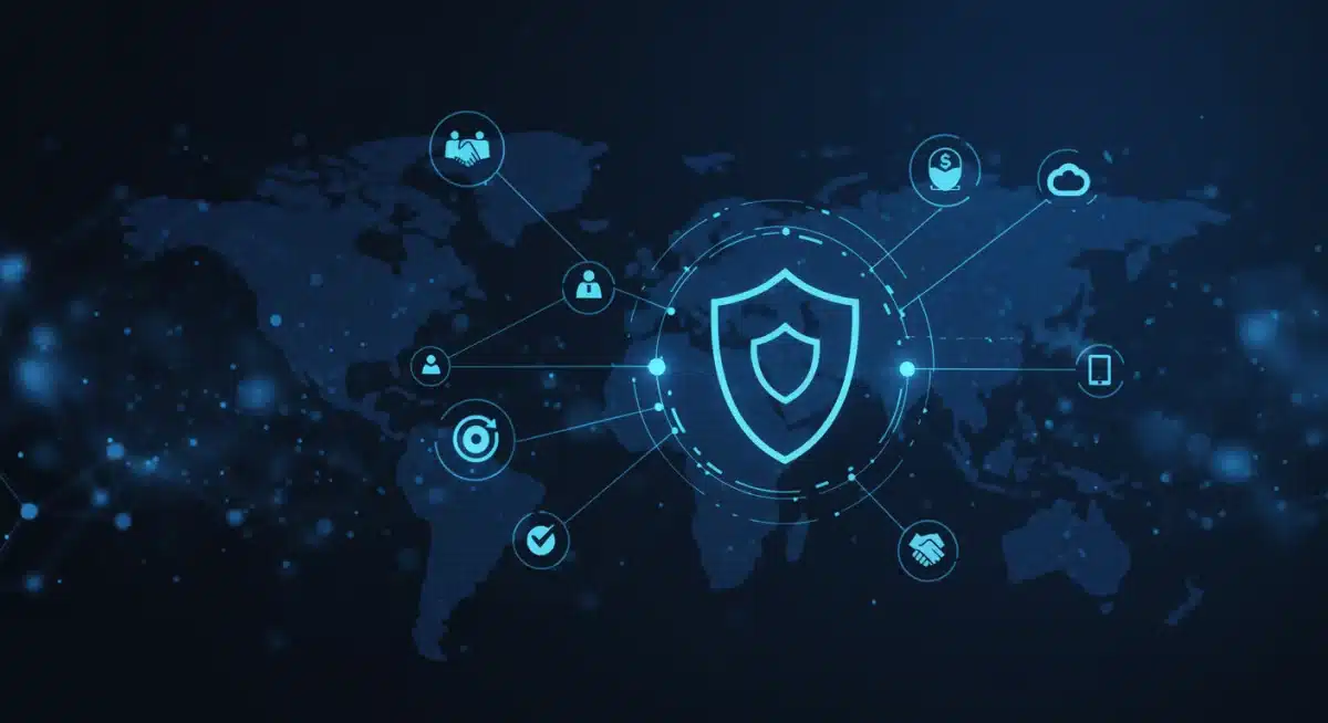Infographic illustrating secure digital identity and data ownership, interconnected data nodes