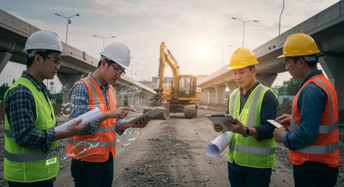 Engineers and construction workers collaborating on a smart highway project, highlighting technology and skilled labor in infrastructure development.