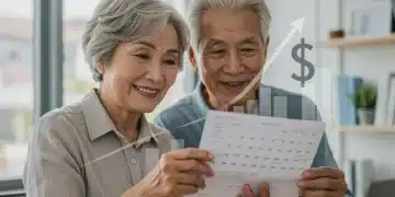 Senior couple reviewing financial documents, anticipating Social Security COLA 2025