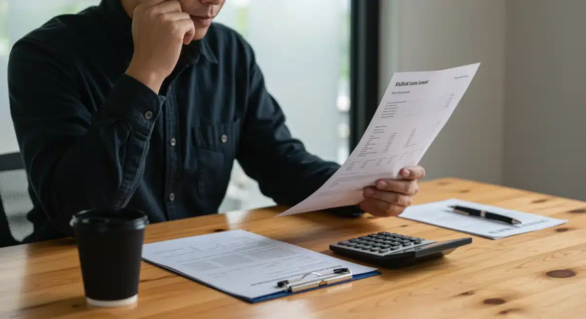 Person reviewing student loan documents, calculating potential savings from forgiveness
