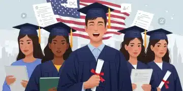 Students celebrating loan forgiveness with digital forms and US flag