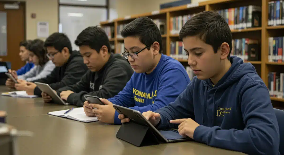 Students using digital resources in a school library, benefiting from new federal education funding.