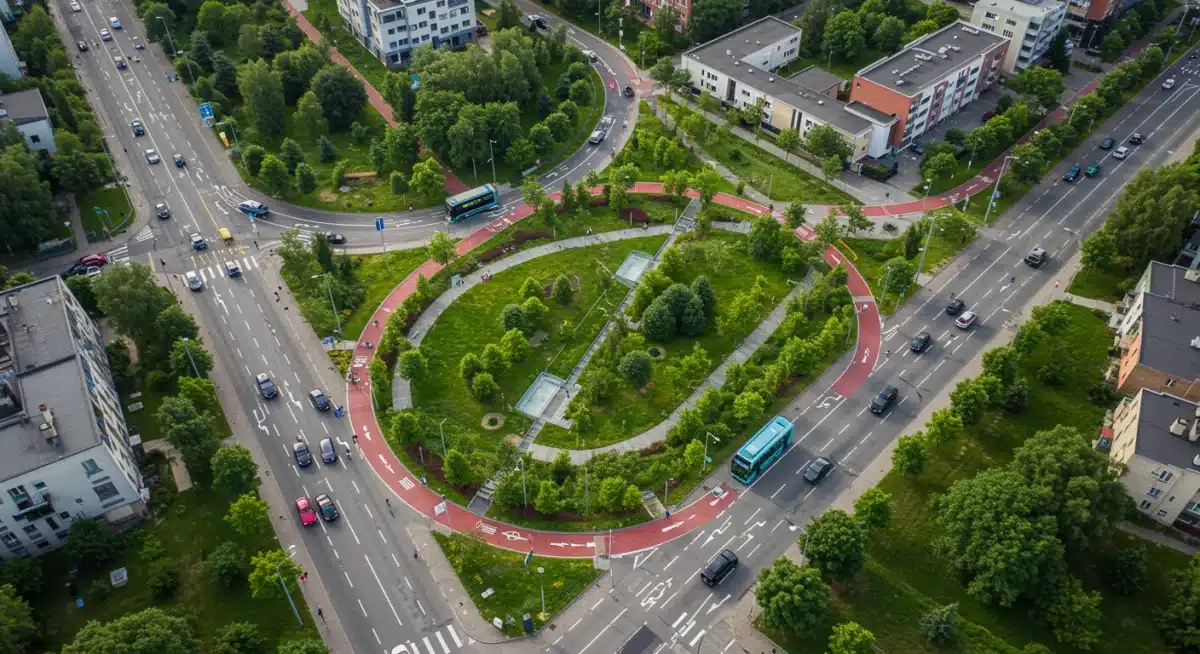 Aerial view of sustainable urban development with bike paths, electric bus lanes, and green spaces.