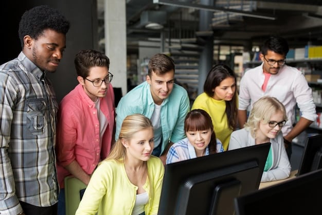 A group of community members attending a digital literacy workshop, with laptops open and a diverse instructor demonstrating software on a large screen, symbolizing technological empowerment.