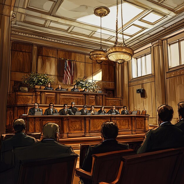 A stylized courtroom with a judge, lawyers, and jury, representing the criminal justice system, highlighting ongoing debates around reform and equity.