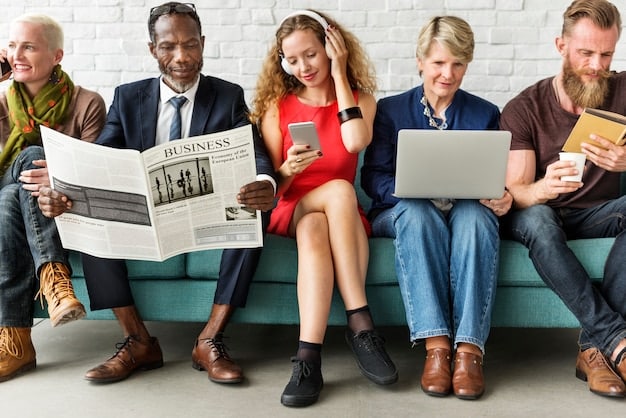 A newspaper headline with 'Federal Funding Boost' and a diverse group of people discussing it in a cafe setting, showing public engagement.