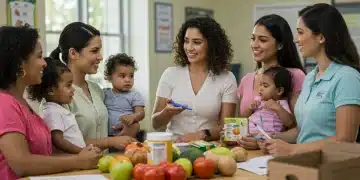 Smiling mothers and children learning about WIC benefits